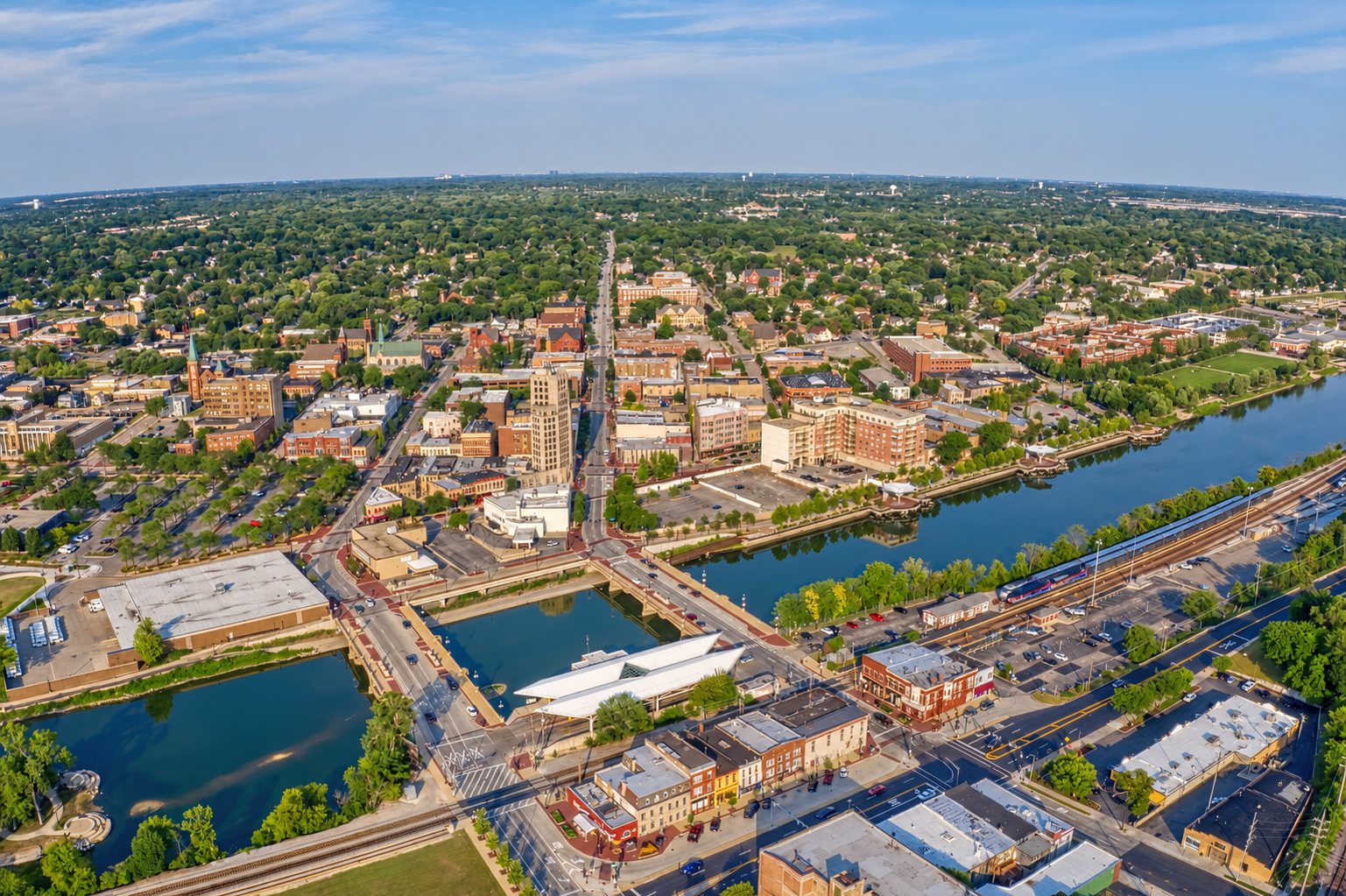 Aerial view of downtown Elgin, Illinois